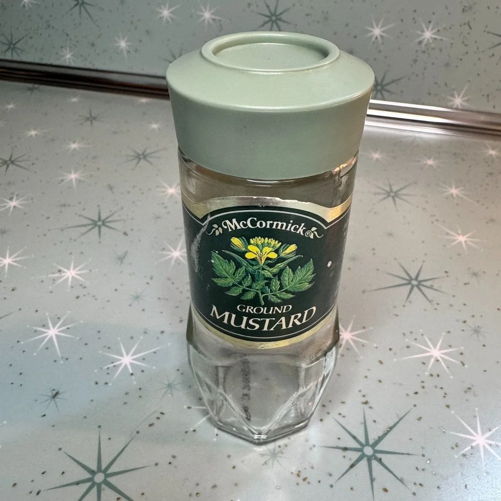 Vintage McCormick Ground Mustard Jar Green Label Glass Spice Bottle Cottagecore